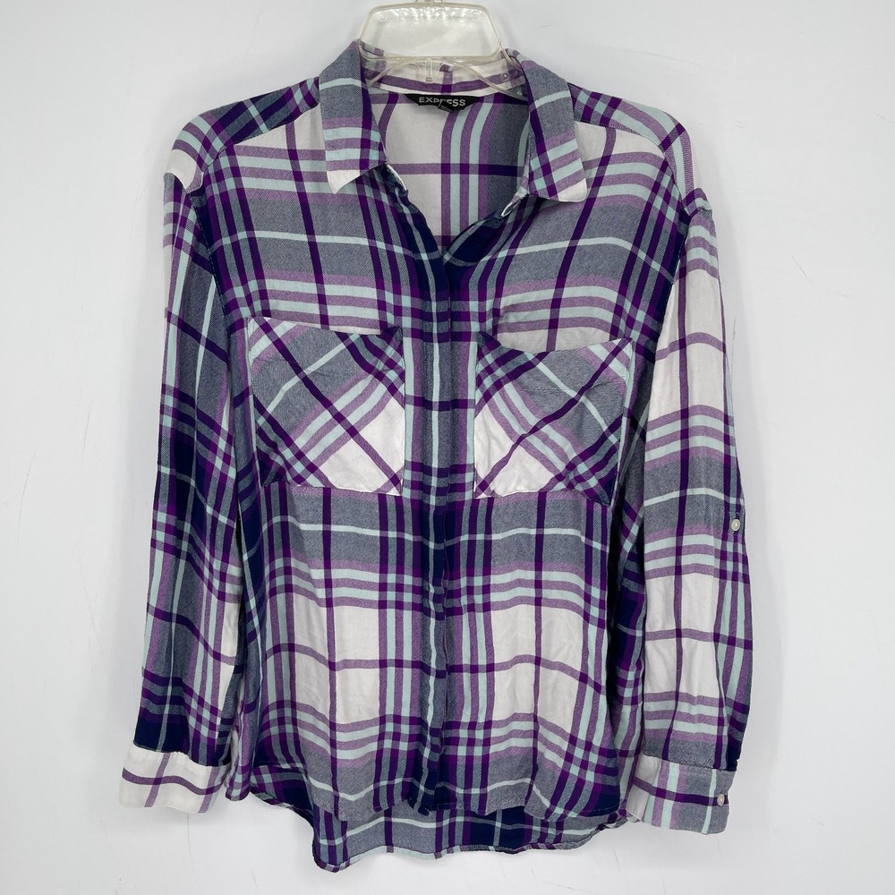 Express Women's Purple Plaid Roll Tab Sleeve Pocket Button Down Top Shirt Size M